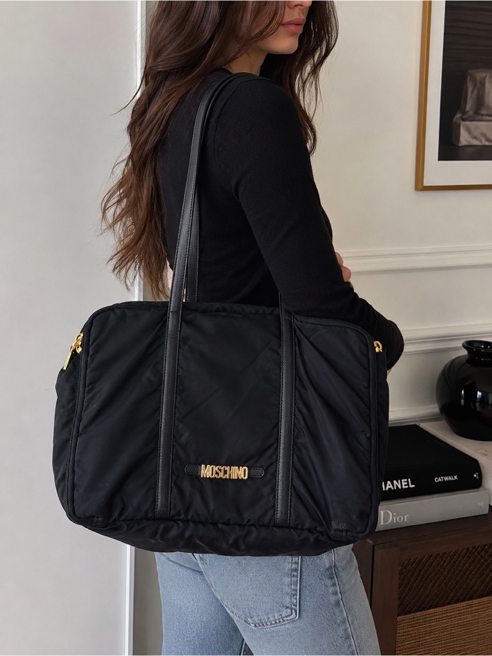 Vintage 1990’s Moschino Black Nylon 3-Compartment Tote Bag – Large